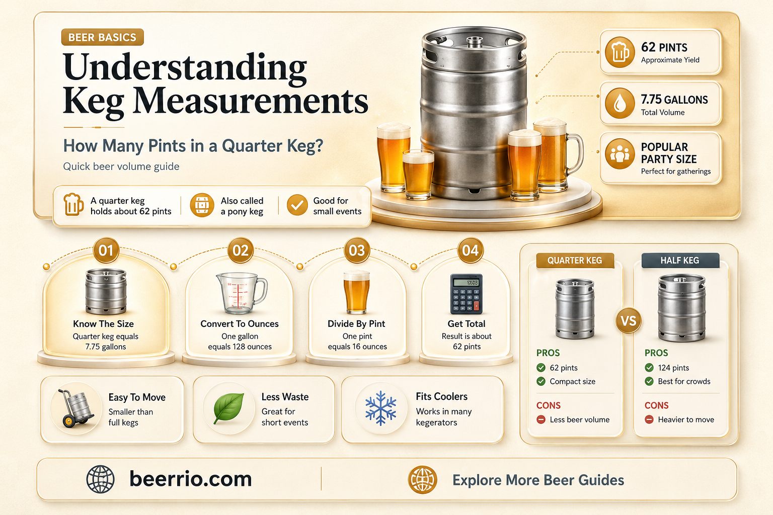 how many pints in 1 4 of a keg beer