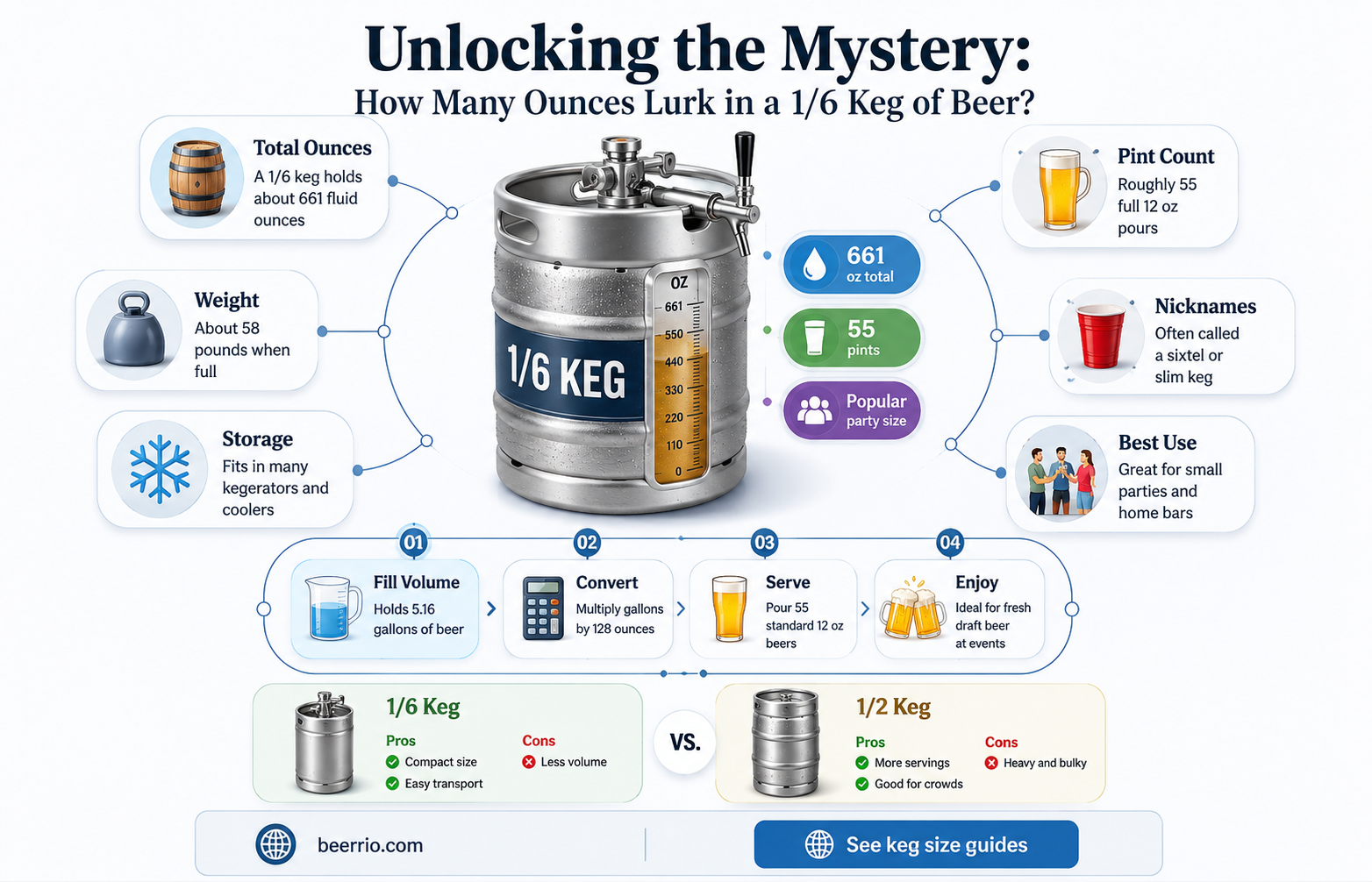 how many oz in a 1 6 keg of beer